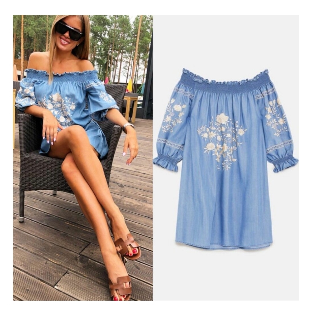Zara Chambray Blue Off-Shoulder Midi Dress with White Floral Embroidery